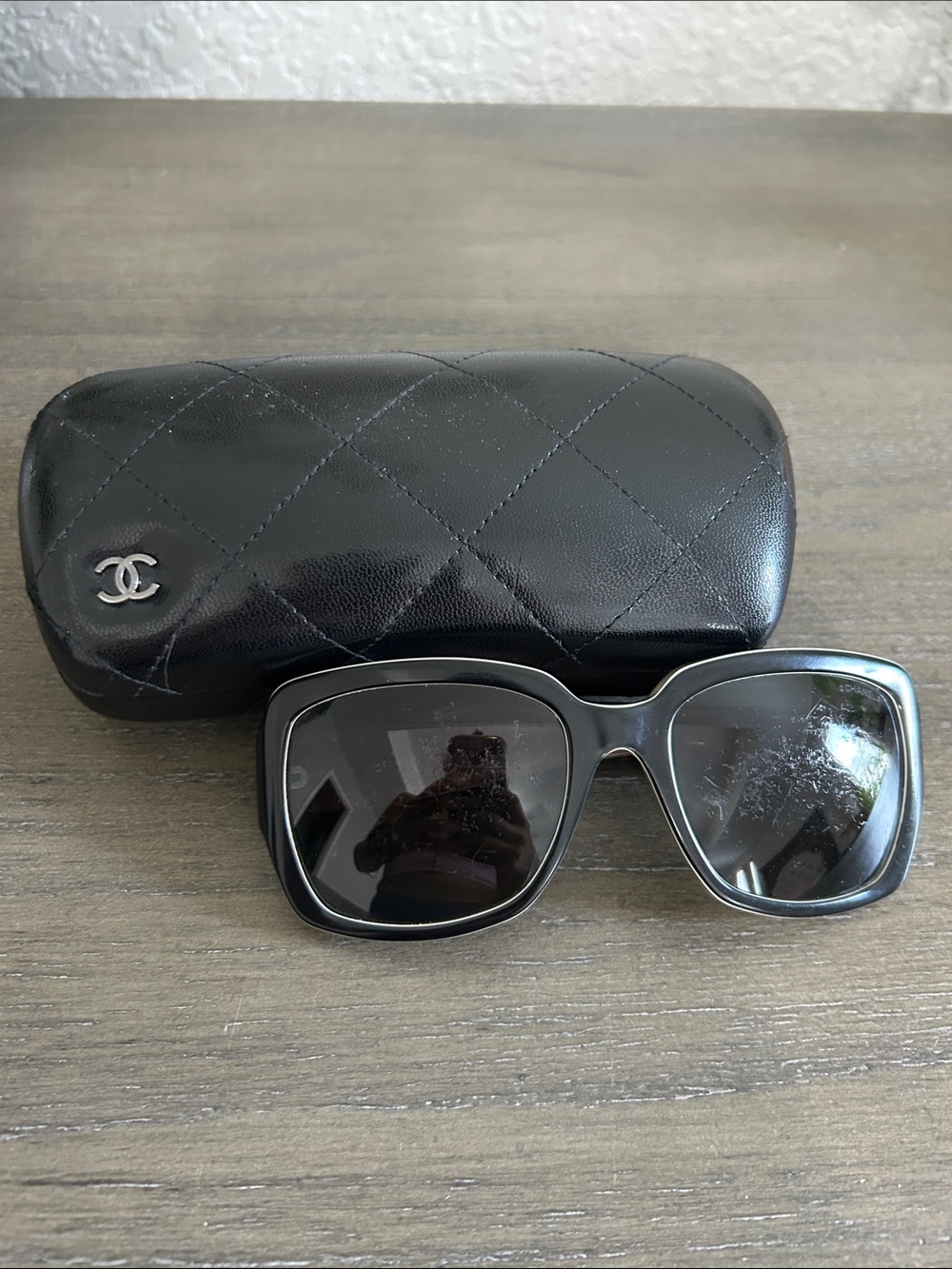 CHANEL Black Oversized Square Sunglasses with Quilted Case